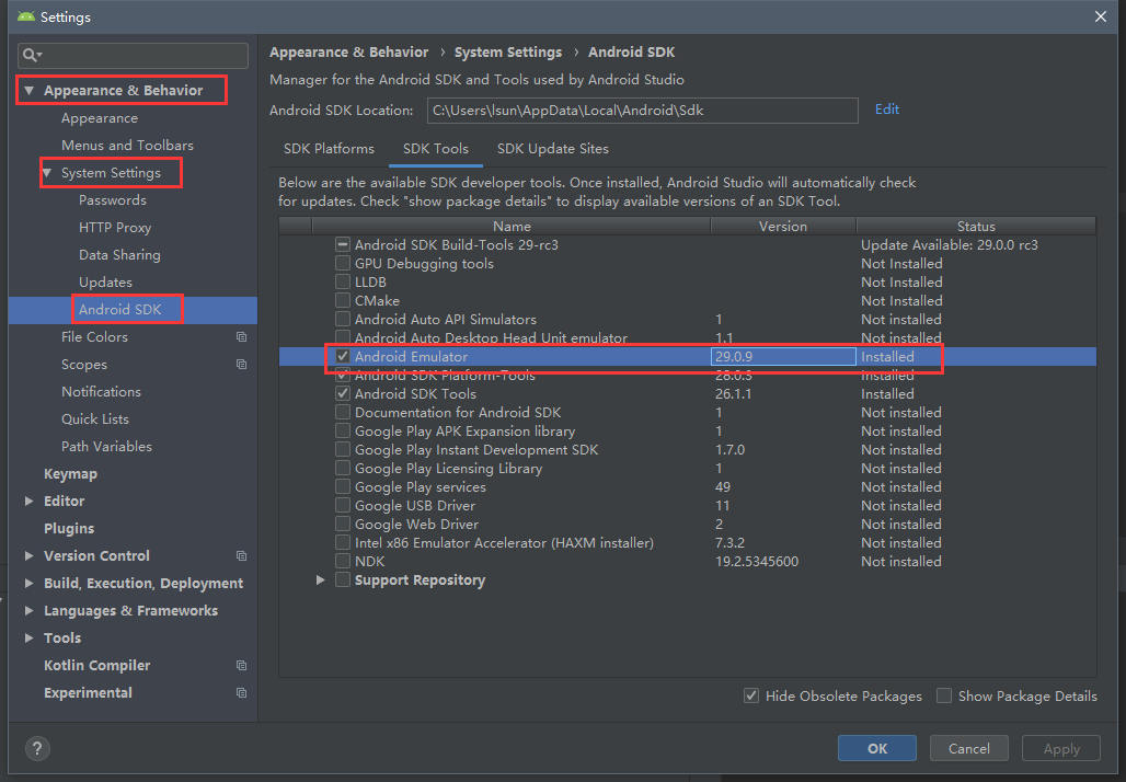 Android Emulator Version = 29.0.9